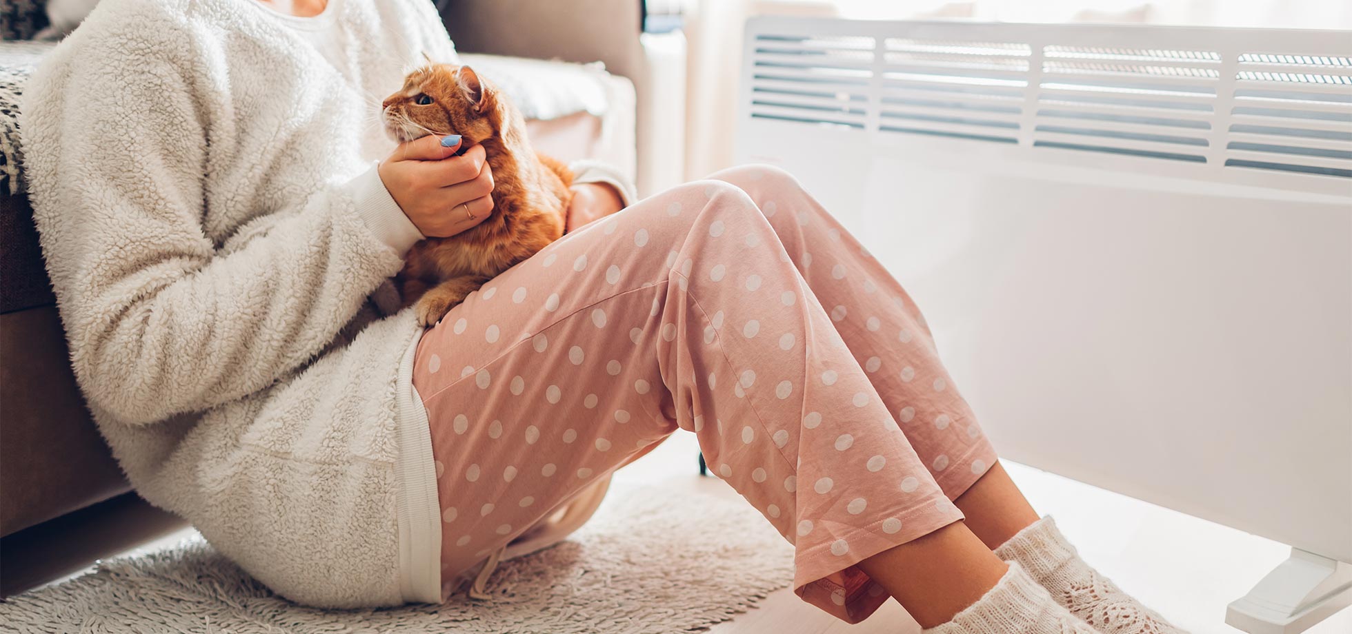 verwendung  heizung zu hause im winter. frau,  den körper wärmt, sitzt an gerät  katze  trägt warme kleidung. heizperiode. energiekosten.