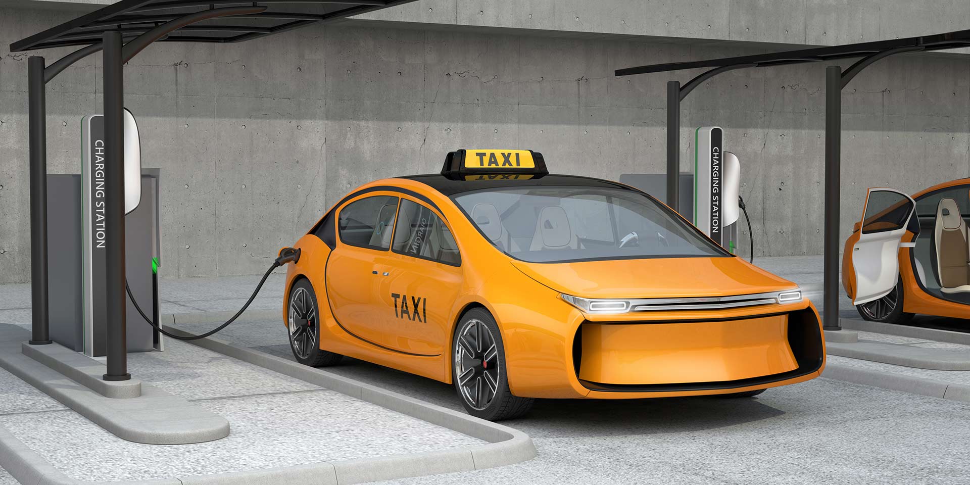 yellow electric taxi charging in charging station. the charging station supply by solar panel and battery. symbolbild elektromobilität in  schweiz