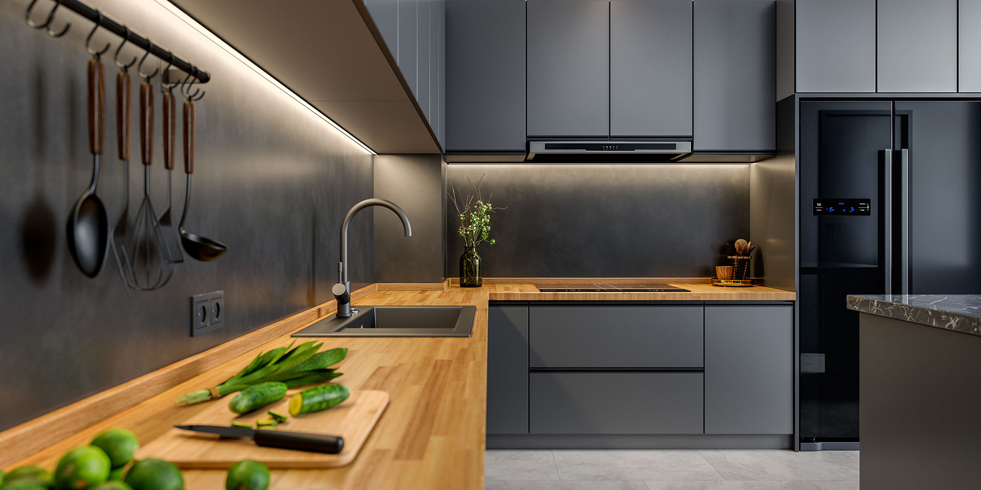 kitchen with a mon design, featuring gray cabinetry, stainless steel appliances, and a oden countertop. the space is illuminated with warm un-cabinet lighting, adding to the luxurious feel. symbolbild mone küche