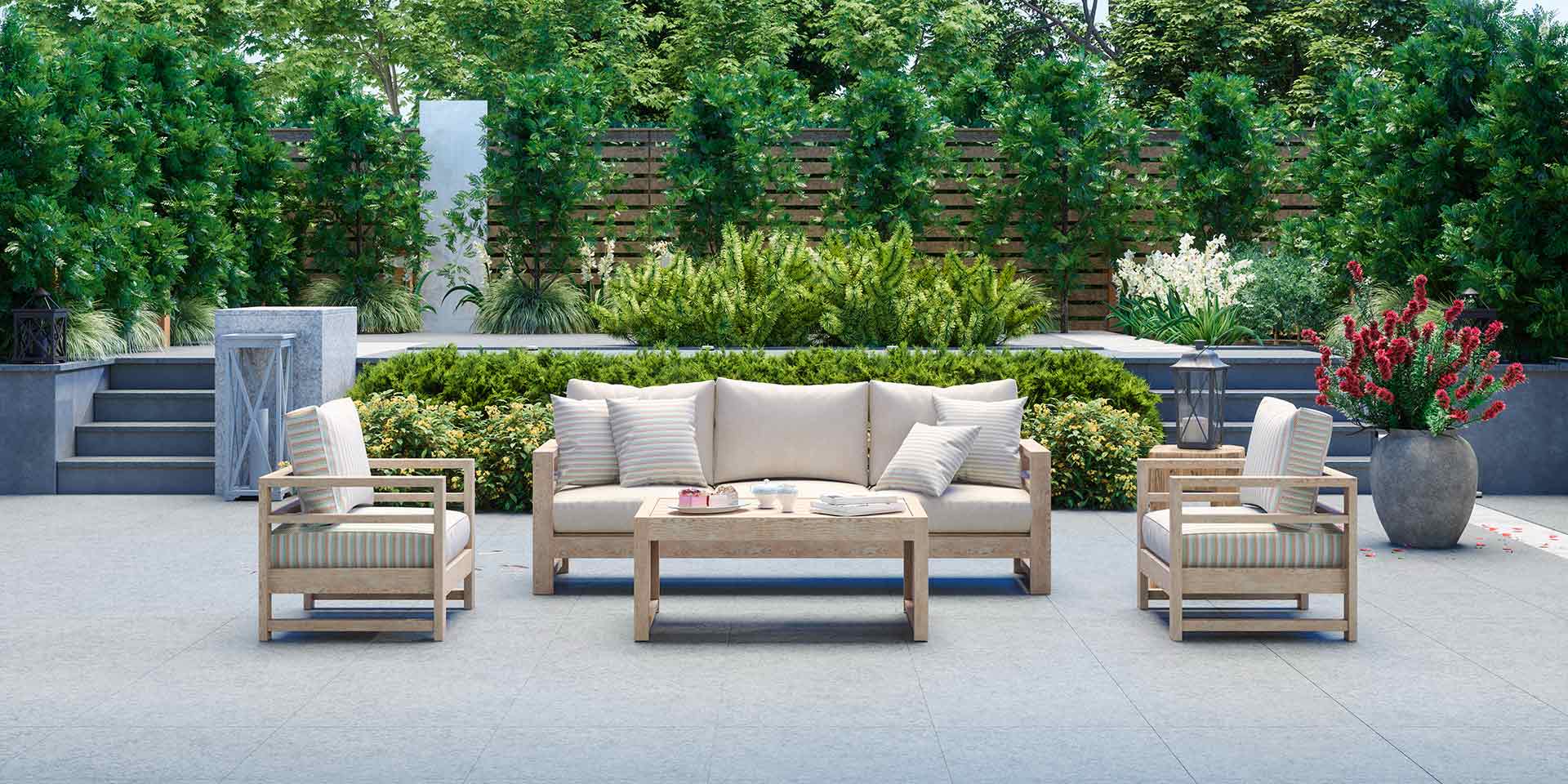 mon patio with sofa, armchairs, coffee table and garden view backgro stock photo. symbolbild gartenzeit