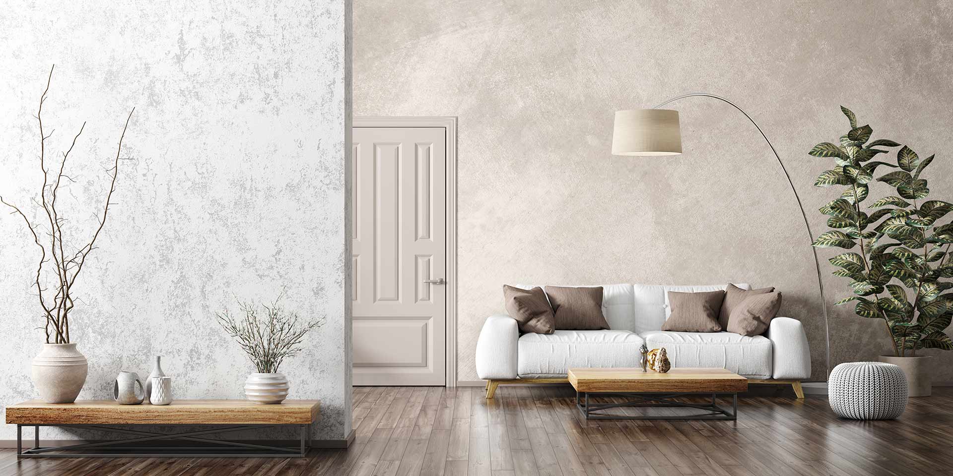 mon interior of living room with white sofa, coffee table, stucco wall panorama 3d rening. symbolbild umweltbewusstes zuhause
