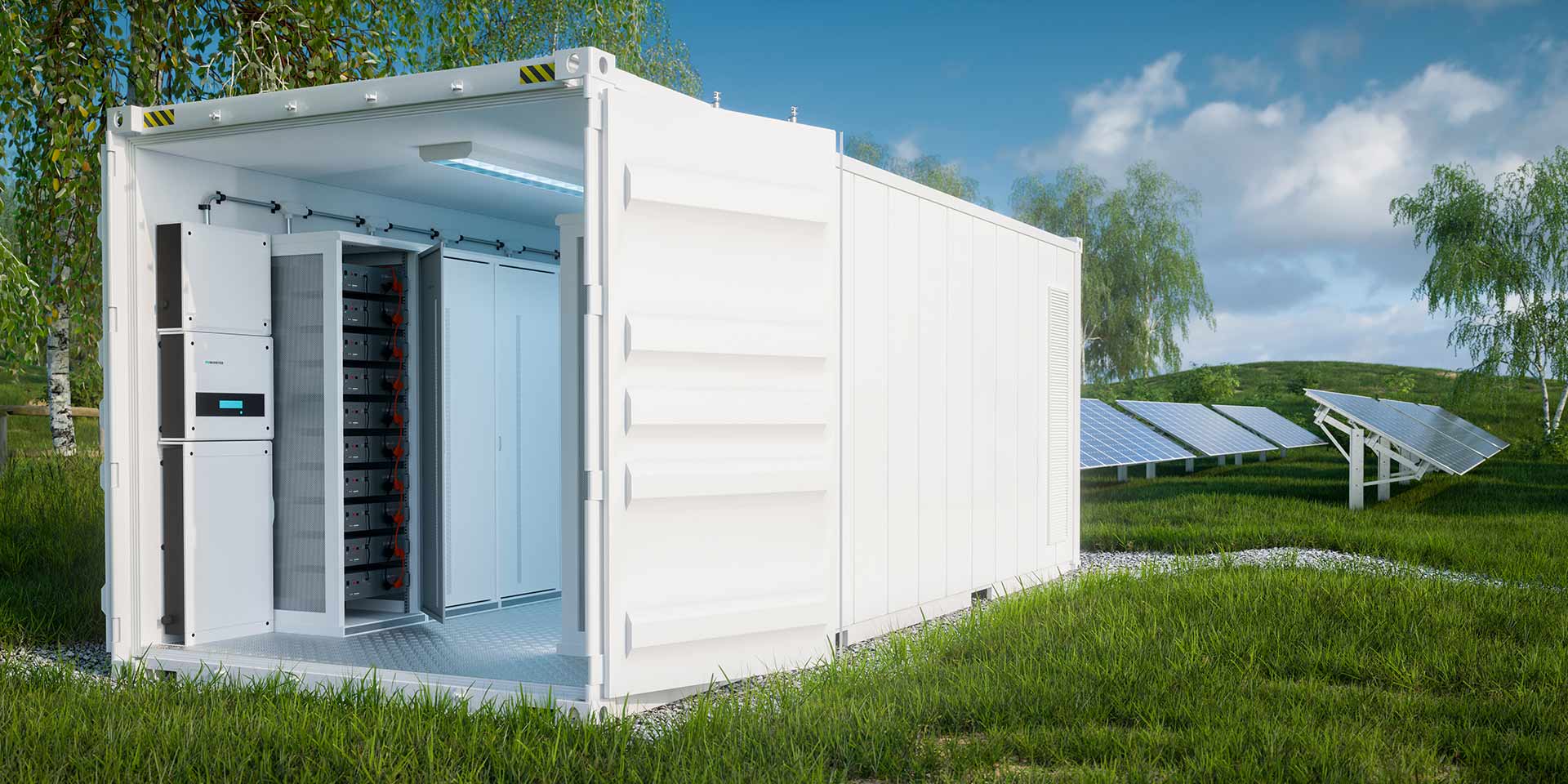 nahaufnahme  batteriemodule für  energiespeicherung in einem offenen industriecontainer auf einer üppigen wiese  einem photovoltaik-kraftk im hintergr. 3d-rening. symbolbild netzstabilität