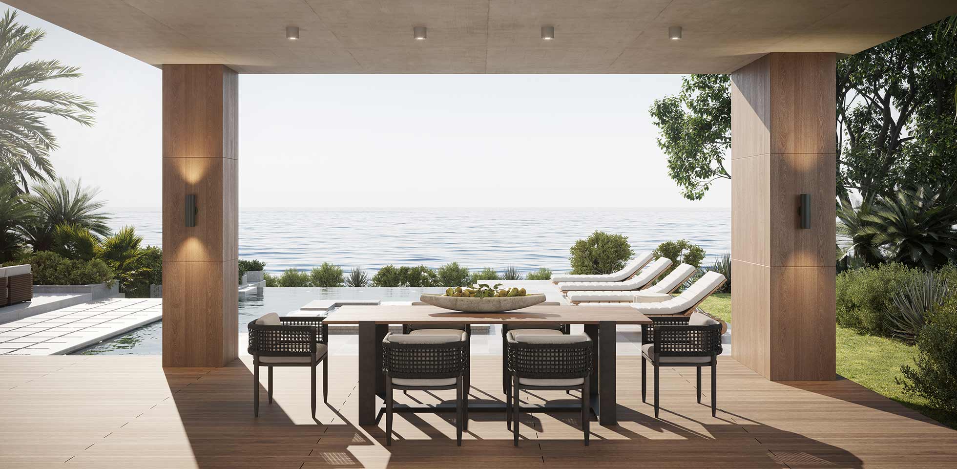 luxuriöse hausterrasse  pool  blick auf  meer. computer-generiertes bild von luxus haus poolside. symbolbild architektur am see