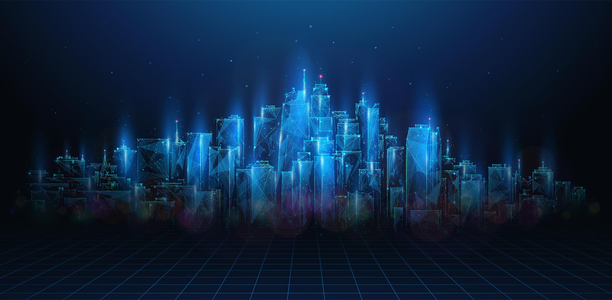 abstrakte illustration von low-poly zukunft stadt gebäude. blau geometrische tech hintergr zeigt digitale intelligente futuristische stadtlandschaft, innovation skyline-konzept von wireframe-verbindung struktur. symbolbild zukunftsfähigkeit  stadtentwicklung