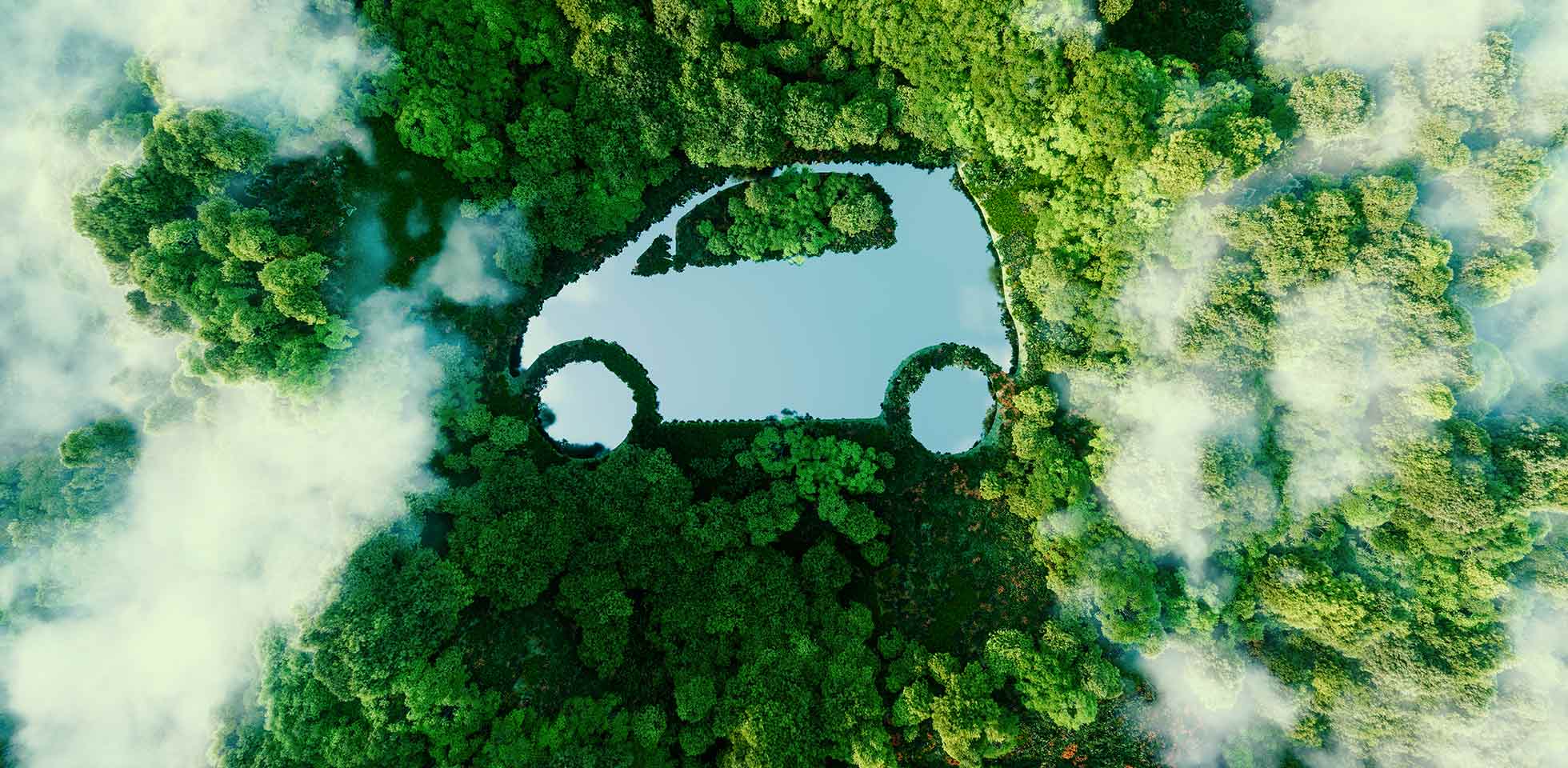 konzept,  neue möglichkeiten für  entwicklung von elektro-  hybridautos   frage des ökologischen reisens in form eines autoförmigen teichs in einem üppigen wald darstellt. 3d-rening. symbolbild klimaneutrale mobilität