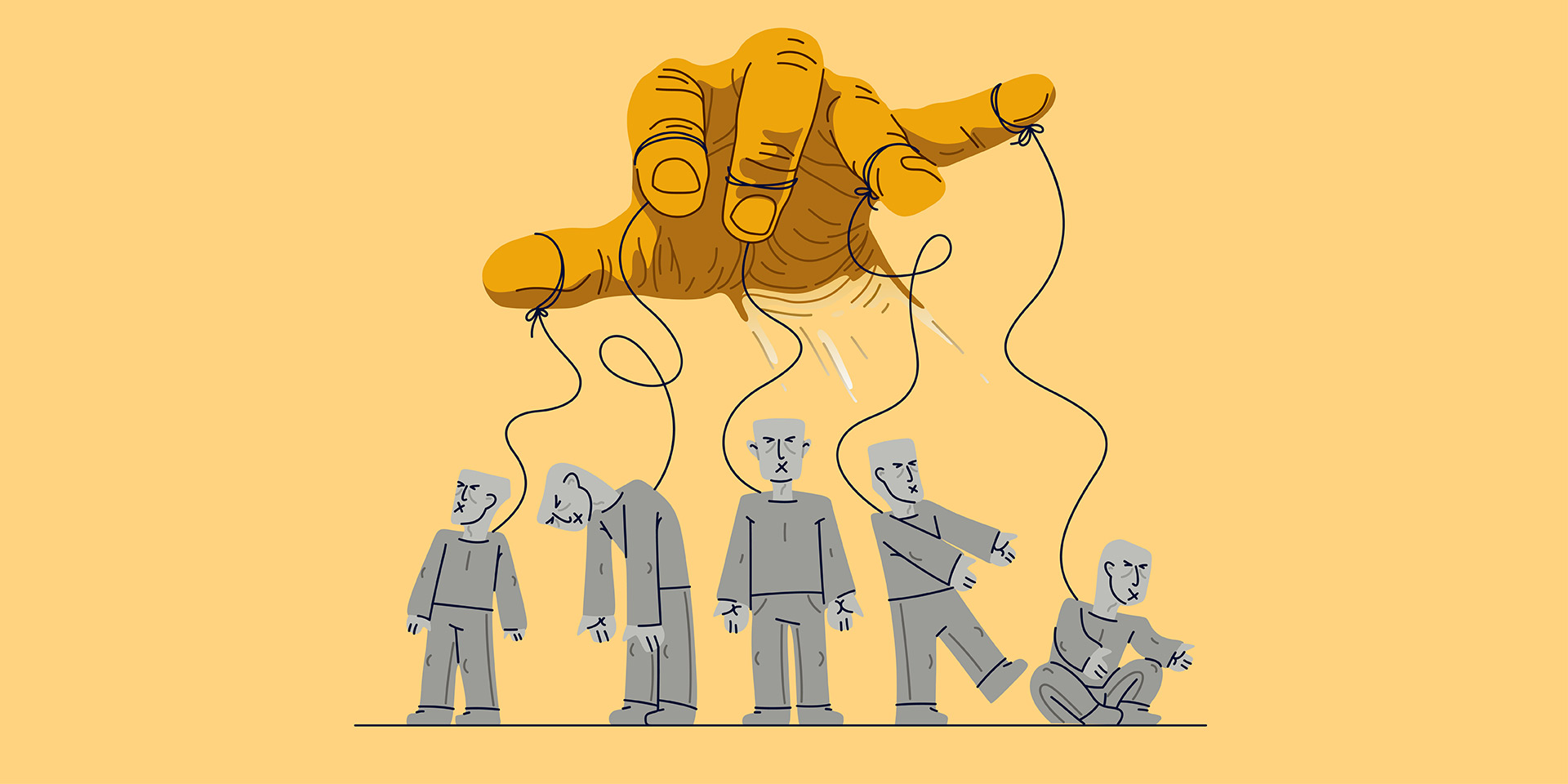 hand eines toxischen manipulators kontrolliert seine opfer, soziale zombies konzept, soziale manipulationen diktatur  kontrolle, kulturellen code, vektor-illustration  psychologischen manipulation. symbolbild toxisches management