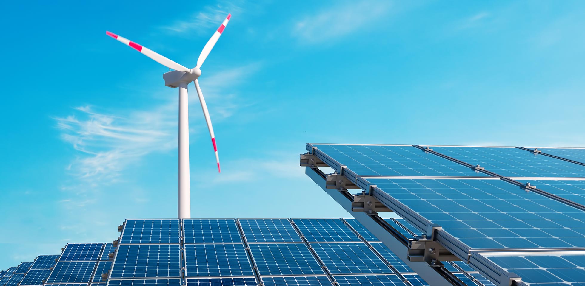 eine malerische darstellung erneuerbarer energiequellen  sonnenkollektoren  windkraftanlagen unter strahlend blauem himmel. symbolbild speichertechnologien