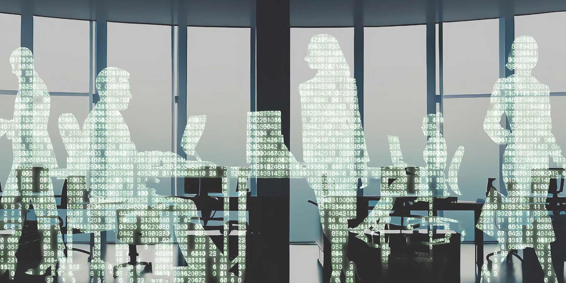 silhouetted office rkers replaced by computer code. symbolbild algorithmus
