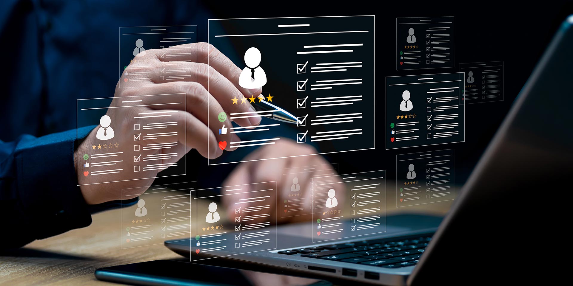 hr management with ai recruiting technology concept: businessman uses a laptop recruitment process to check the scores and qualifications of applicants through an online system, best human resource. symbolbild recruiting