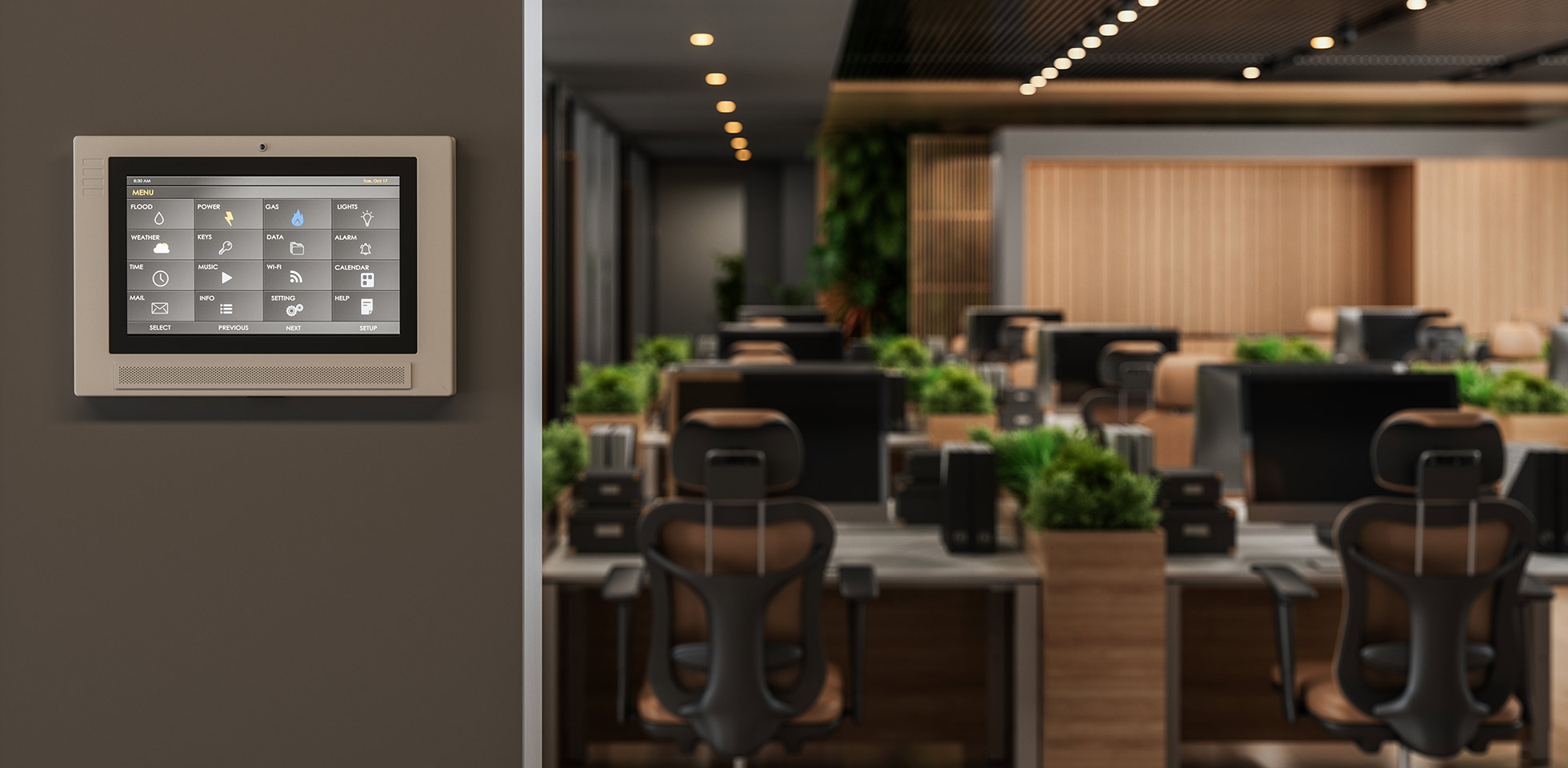 intelligentes steuerungssystem  app-symbolen auf einem digitalen bildschirm in einem monen büro  unscharfem hintergr. symbolbild smart building