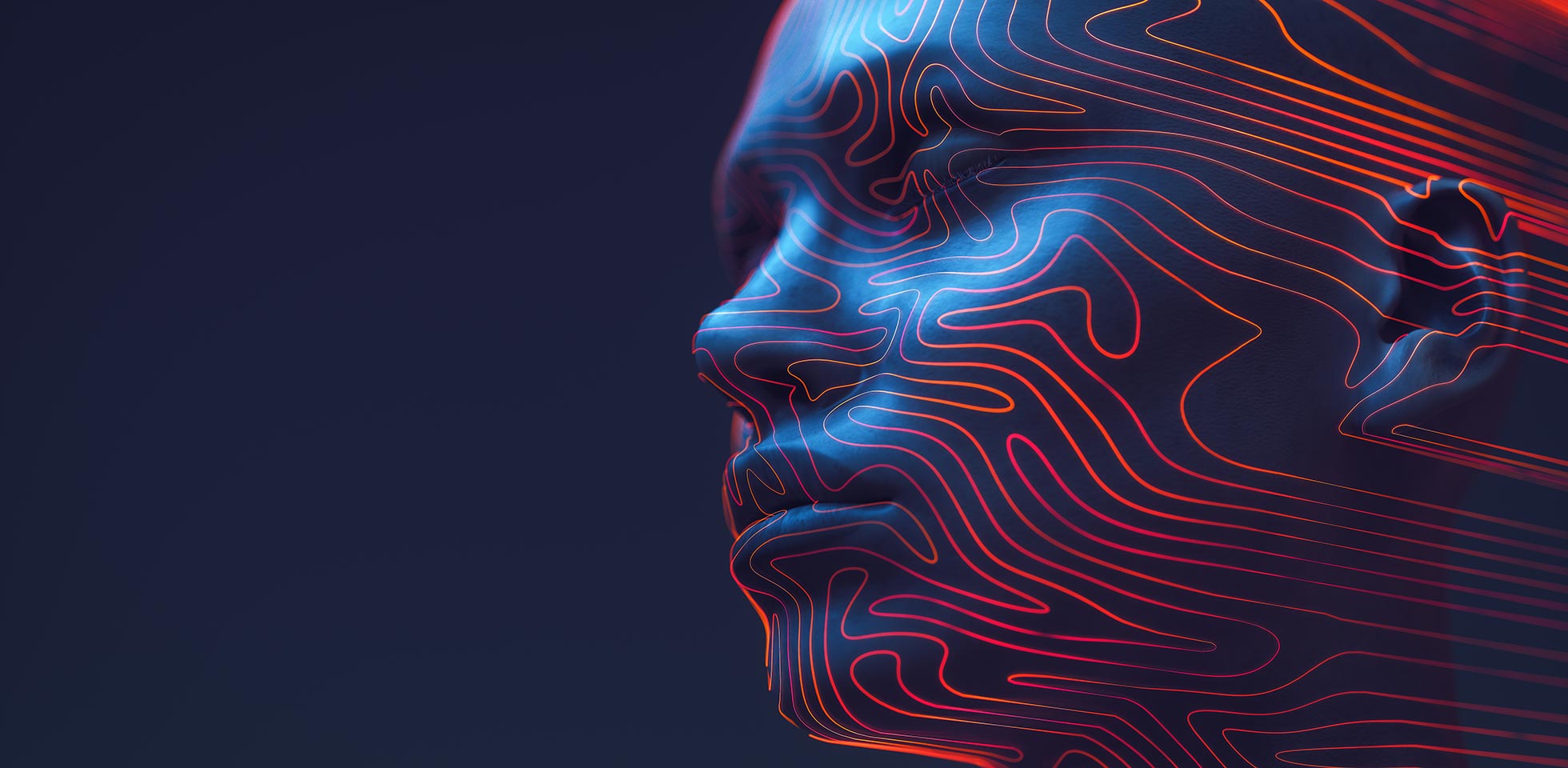 3d-gerenter digitaler menschlicher kopf, umrandet von neonfarbenen konturlinien,  den einzigartigen wirbeln eines fingerabdrucks ähneln, vor einem tiefblauen hintergr. konzept  digitalen identität  sicherheit,   menschliche element   präzision  technologie verbindet. symbolbild swiss made ki