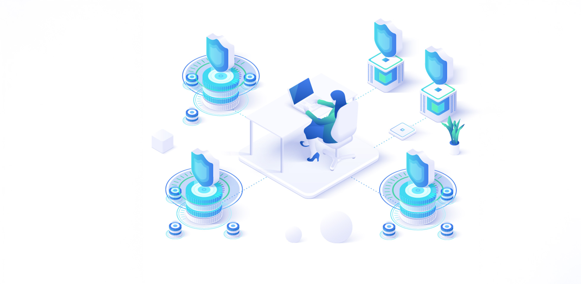 illustration frau bei  arbeit wird durch cybersecurity geschützt. enabler statt blocker