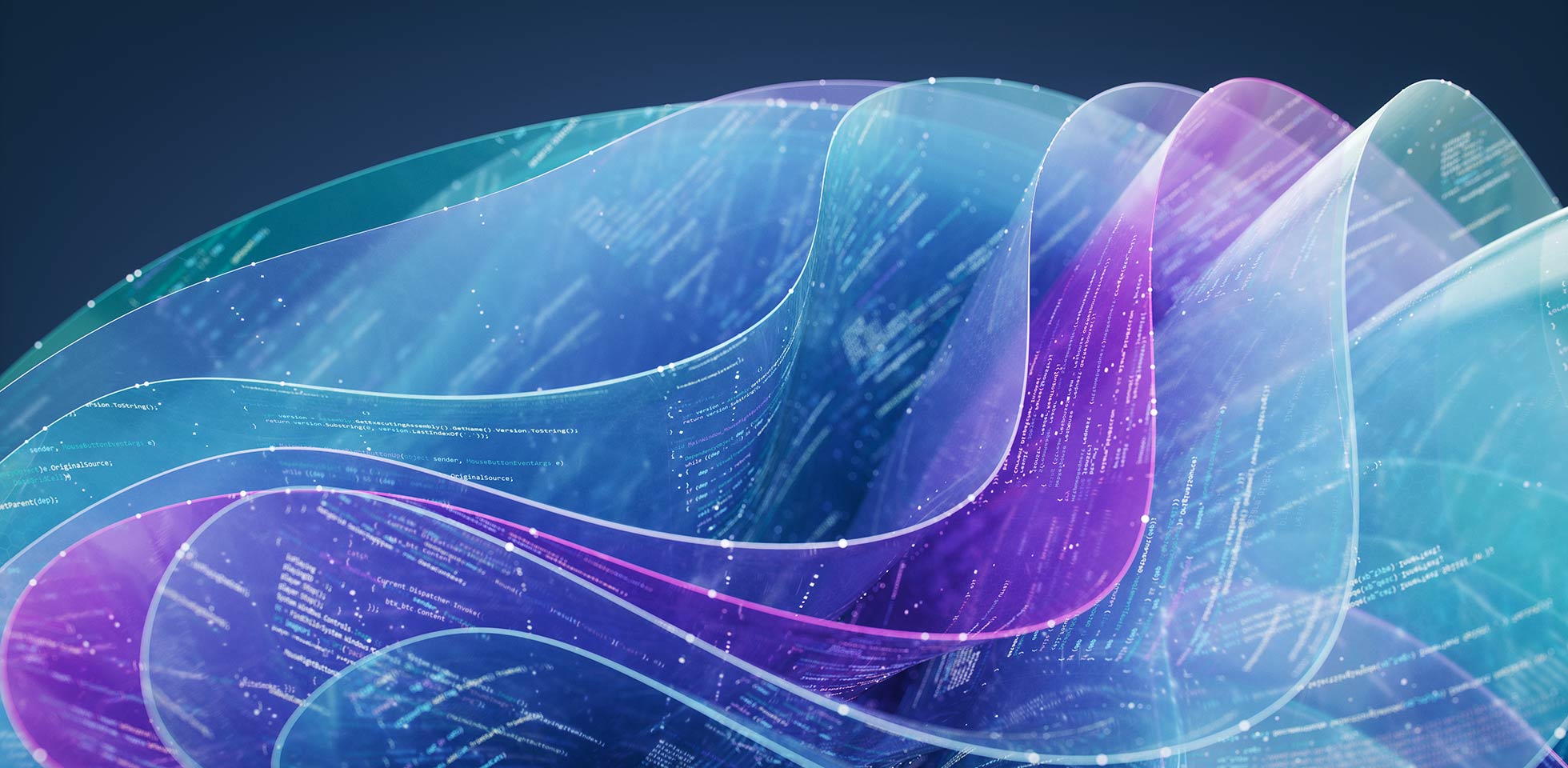 abstrakte, fließende schichten  integriertem code stellen eine ki-coding-assistent-schnittstelle dar. das design spiegelt eine „vibecoding“-ästhetik  kühlen farbtönen wi.