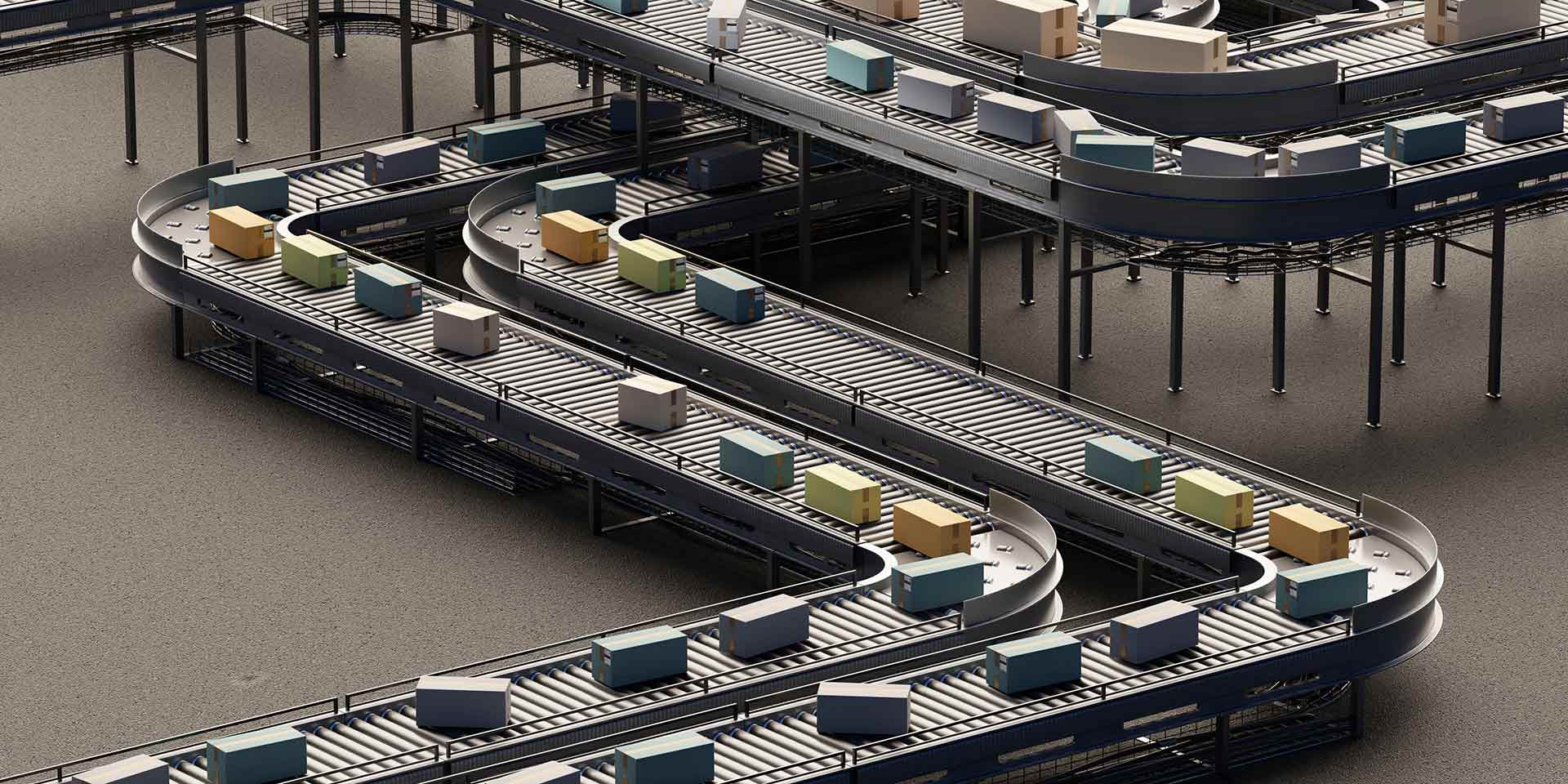 conveyor with boxes. automatic conveyor inside building. fulfillment process. boxes with fbs stickers. fulfillment warehouse. cardboard boxes go on conveyor. 3d image