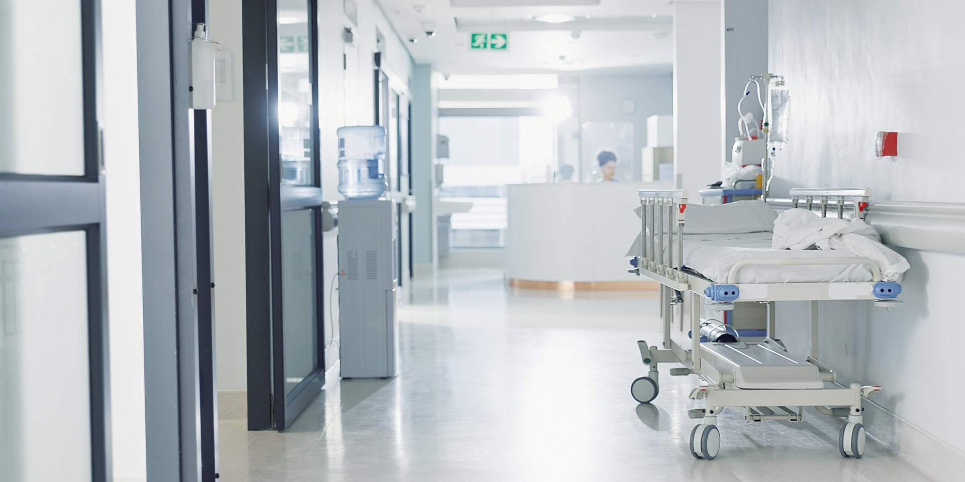 hospital, healthcare and medical with an empty corridor for wellness, care or treatment and disease control. medicine, service and hallway of a lobby in a clinic for rehabilitation or recovery