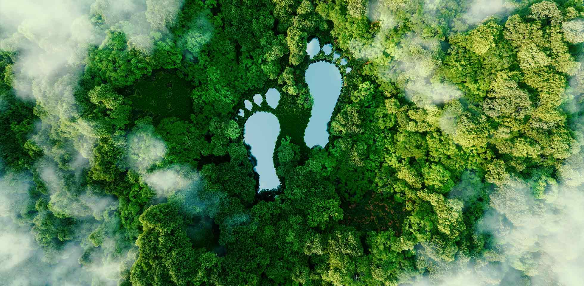 ein see in form menschlicher fußabdrücke inten eines üppigen waldes als metapher für den einfluss menschlicher aktivitäten auf  landschaft   natur im allgemeinen. 3d-rening. symbolbild energiewende