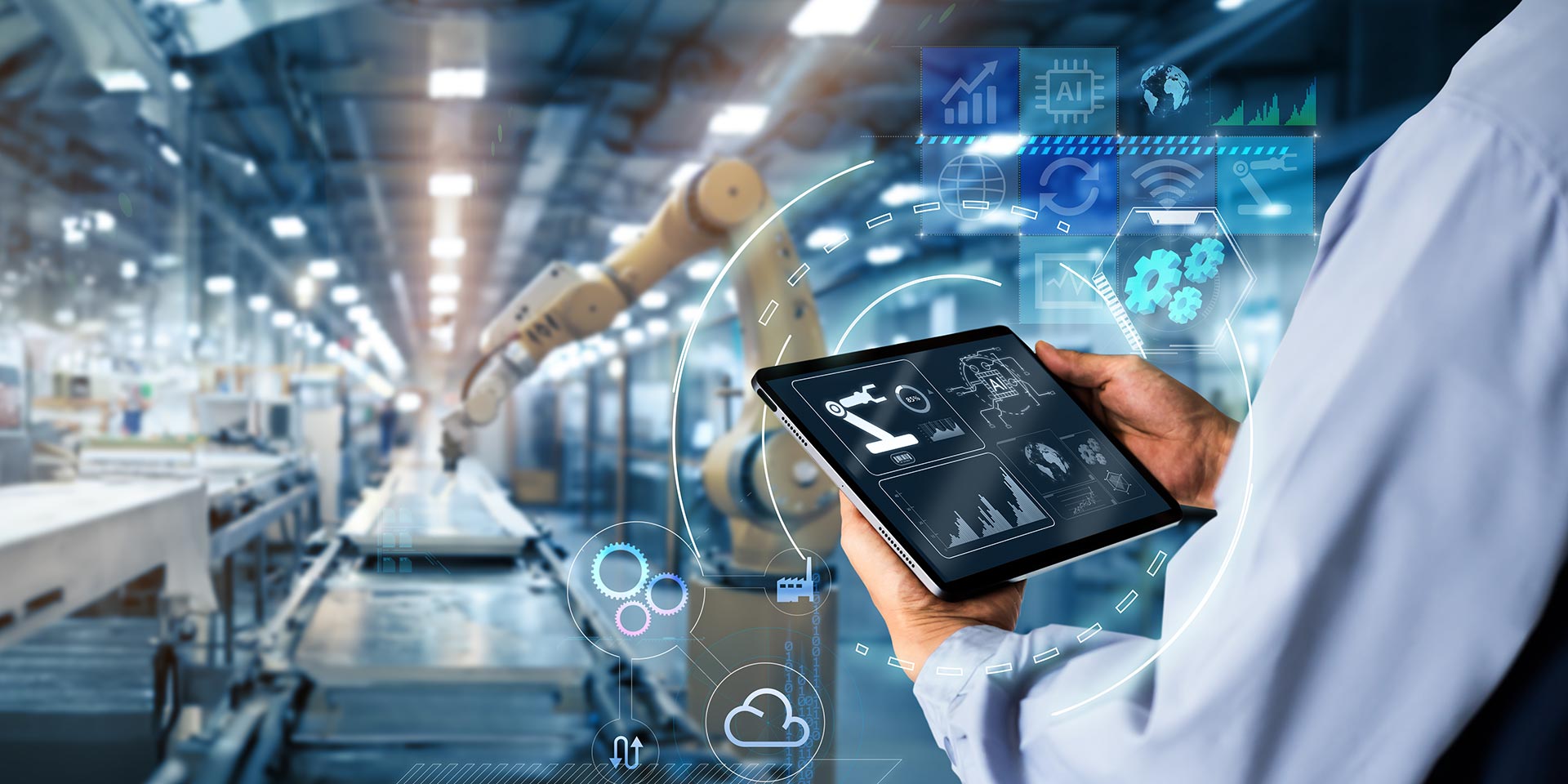 hands holding tablet on blurred automation machine as backgro, automation