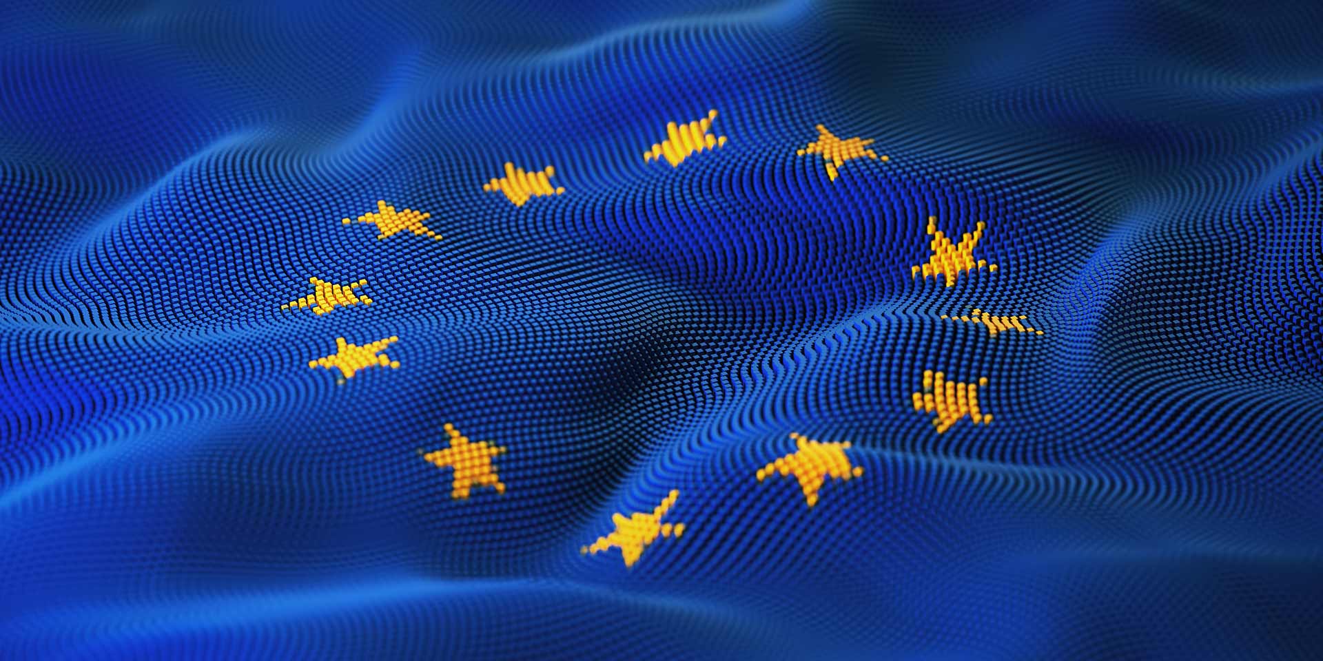 european union flag textured on futuristic abstract digital landscape. block shape flag concept, daten