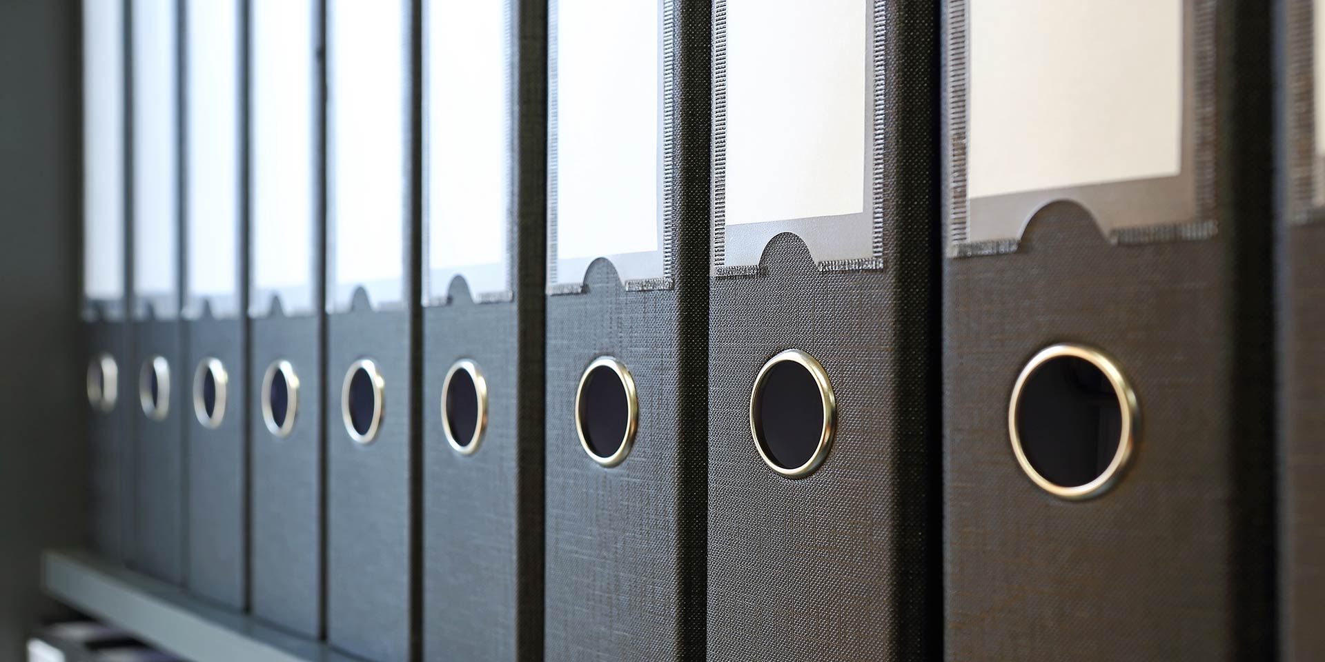rows of black colored ring bins in selective focus. kanzleien