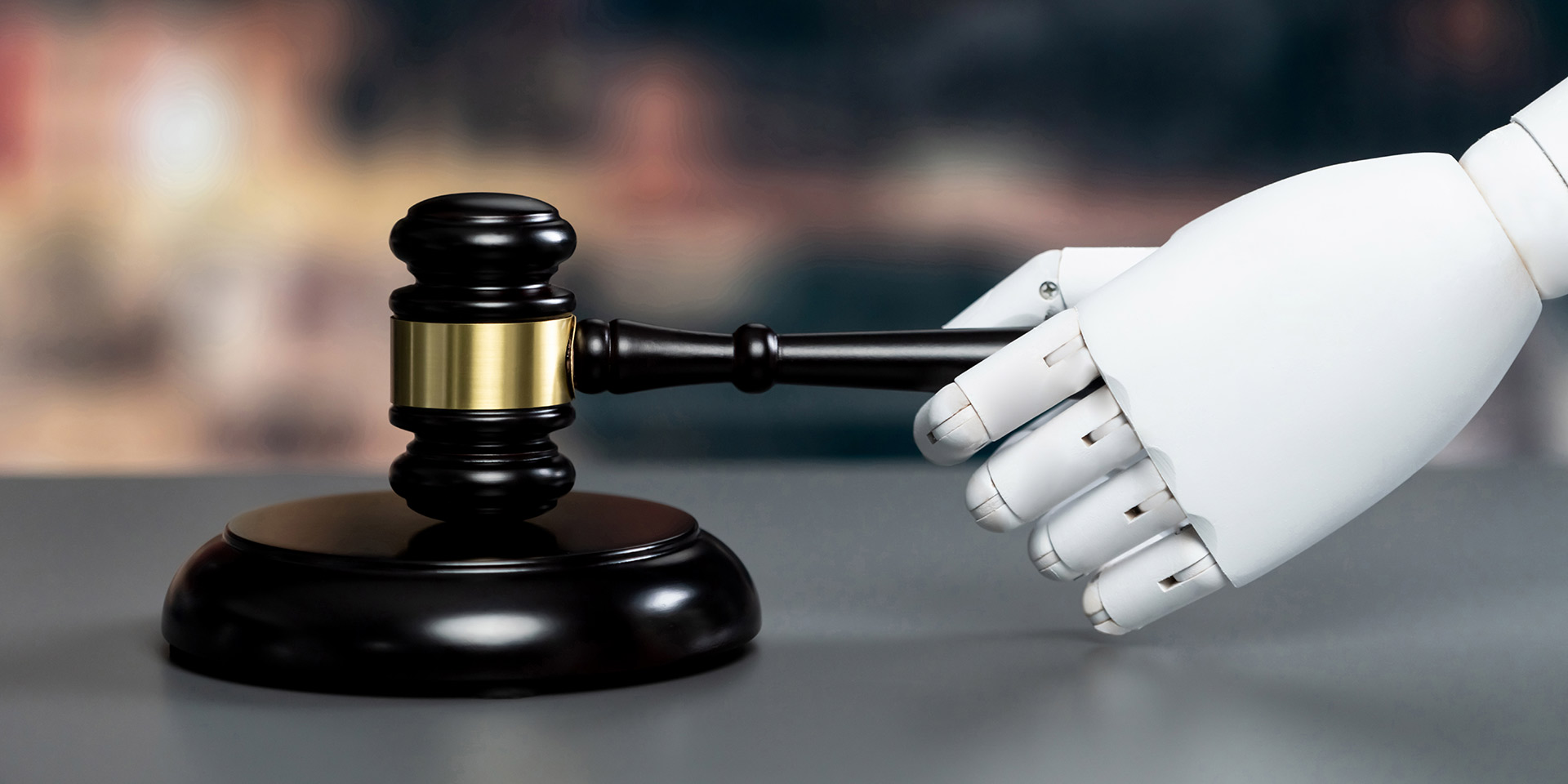future innovative concept of efficient and fair justice system with closeup robotic hand holding gavel as artificial intelligence in transparent judicial proceedings by an ai judge. equilibrium, anwalt