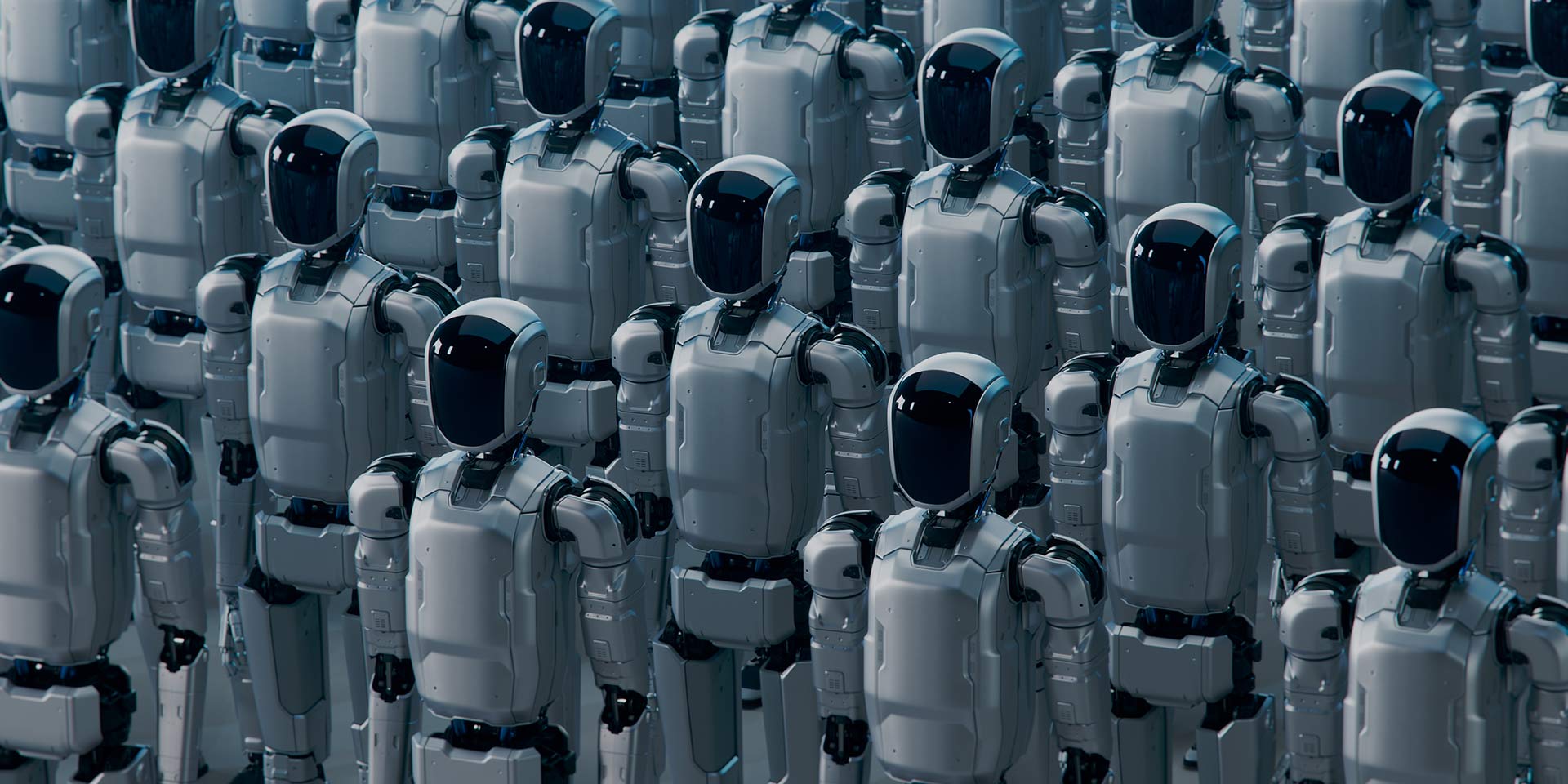 isometric view of rows of standing futuristic industrial humanoid robots with glass visors. large amount of humanoid robots standing in rows, robotik