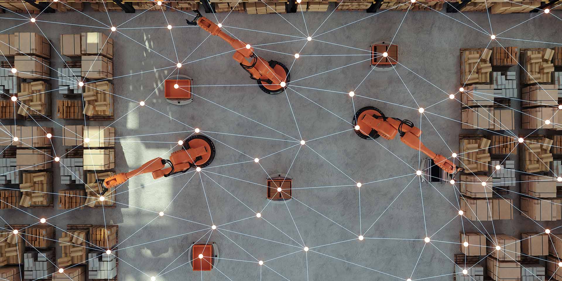 high angle view of smart warehouse with plexus and robots, ki